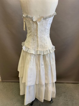 NADINE, Ecru, Silver, Nylon, Acetate, Floral, Solid, Strapless, Ecru & Silver Floral Lace Gathered Bodice with Silver Pleated Ruffle Trim, Back Zipper, Bodice Can Be Let Out By the Costumer... Solid Two Tiered Ecru Skirt,