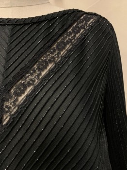 N/L, Black, Polyester, Textured Fabric, Stripes, Boat Neck, L/S, Silver Tinsel Woven In The Textured Stripes, Black Lace Insets