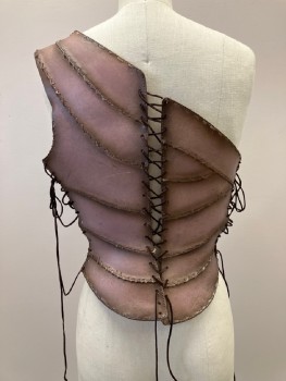 NO LABEL, Brown, Mauve Pink, Leather, Straw, Patchwork, Asymmetric, Single Shoulder Strap, Stitching Detail With Straw Embellishments. Side And Back Lacing, Made To Order