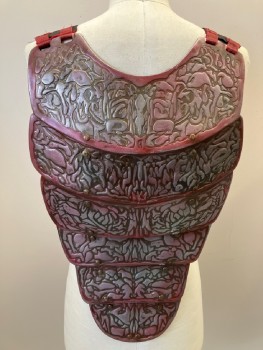 ROBERT ALLSOPP, Silver, Dk Red, Pewter Gray, Metallic/Metal, Abstract , Embossed Metal Plates, Brass Studs, Shoulder Straps With Red Bands,