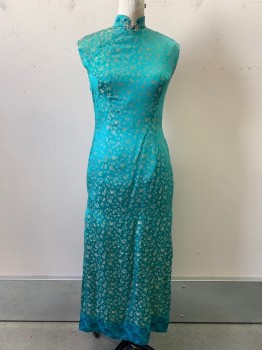 NO LABEL, Turquoise Blue, Gold, Silk, Asian Inspired Theme, Sleeveless, High Neck, Knot and Loop Detail on Stand Collar, Snap Buttons, Side Zipper, Side Slits, Bodycon, Faded Shoulders