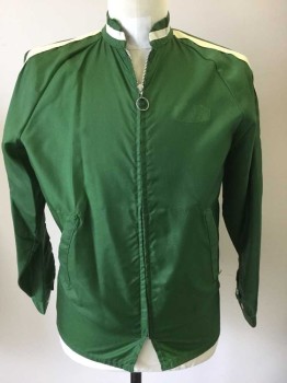 BONNER, Green, Ivory White, Nylon, Solid, Zipper Front, Ivory Stripe Down Sleeve and Around the Collar, Raglan Sleeves,