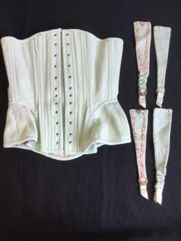 N/L, Mint Green, Diamonds, Mint Diamond,square Quilt, Khaki Lining, Lacing Back (NO STRING ATTACHED), 4 PC Garter Belt, (Light Brown Stained In Front and Upper Left Top) See Photo Attached,