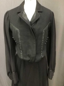 MTO, Black, Wool, Solid, Made To Order, Hidden Button Placket, Notched Lapel with Additional Fabric Detail, Tired Ribbon Bust Detail with Covered Buttons, Pigeon Front Bust, Long Sleeves with Cuffs, Mending Left Sleeve Elbow,