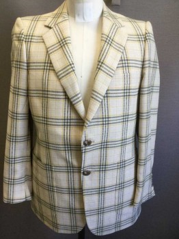 GEORGE RICHLAND, Cream, Tan Brown, Mustard Yellow, Dk Olive Grn, Polyester, Wool, Plaid-  Windowpane, Single Breasted, Notched Lapel, 2 Buttons,  3 Pockets Including 2 Large Patch Pockets at Hips, Beige Lining, Late 1970s/1980's