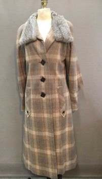 M.T.O>, Tan Brown, Gray, Brown, Camel Brown, Wool, Fur, Plaid, Gray Rabbit Collar, 3 Square Button Front, Lacing/Ties,  2 Pockets, Raglan Caped Back Sleeves, Camel Seam Detail Back with Brown Square Buttons,