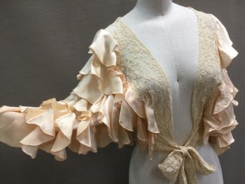 MTO, Peach Orange, Silk, Cotton, Solid, Bed Jacket,  Lace Open Front W/self Waist Tie, Solid Peach Ruffle Sleeves, 1930's