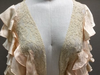 MTO, Peach Orange, Silk, Cotton, Solid, Bed Jacket,  Lace Open Front W/self Waist Tie, Solid Peach Ruffle Sleeves, 1930's