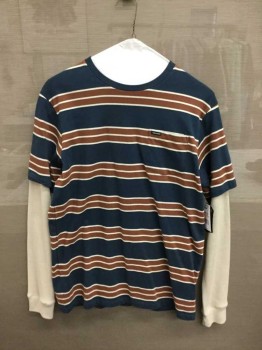 Volcom, Navy Blue, Brown, Off White, Cotton, Stripes, Built In Long Sleeves Waffle Knit, Short Sleeve Stripe T