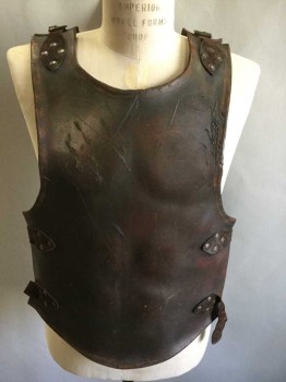 MTO, Brown, Leather, Decorative 'Scratches', Double Side Buckles, Slight Molding Of Muscles/Pecs/Abs, Multiples