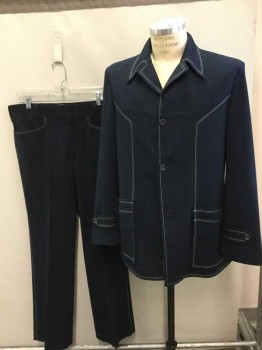 N/L, Navy Blue, Cream, Lt Blue, Polyester, Solid, Leisure Suit, Navy W/Cream + Light Blue Top Stitching, 3 Buttons,