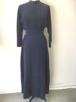 N/L, Navy Blue, Wool, Cotton, Solid, Gabardine, Long Sleeves, Self Fabric Covered Buttons at Center Front, Vertical Pleats at Center Front, Round Neck, Peplum Waist, Made To Order Reproduction