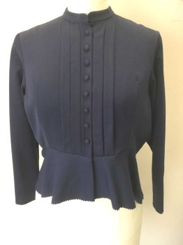 N/L, Navy Blue, Wool, Cotton, Solid, Gabardine, Long Sleeves, Self Fabric Covered Buttons at Center Front, Vertical Pleats at Center Front, Round Neck, Peplum Waist, Made To Order Reproduction