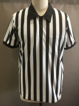 TEAMWORK, Black, White, Polyester, Stripes - Vertical , Short Sleeves, Solid Black Collar Attached and Trim on Cuffs, Zip at Center Front Neck, 1 Patch Pocket