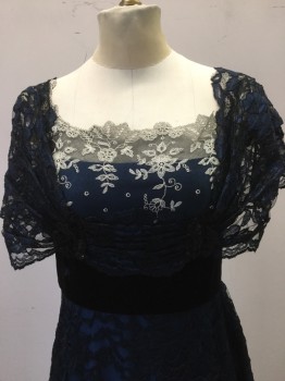 N/L (MTO), Navy Blue, Black, Silk, Synthetic, Floral, Empire Line . Blue Silk with Black Lace Overlay. Cream and Black Lace Detail at Neckline. Black Sequin Detail at Bust Line Front, High Waist Trimmed with Black Velvet Ribbon. Blue Marabou Trim at Hemline. Hook & Eye Closure at Center Back,