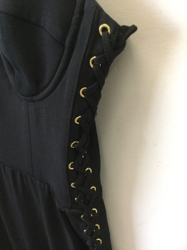 BEBE NAVEN, Black, Synthetic, Polyester, Solid, Underwire Cups, Adjustable Straps, Gold Grommet Lace Up Sides, Zip Back