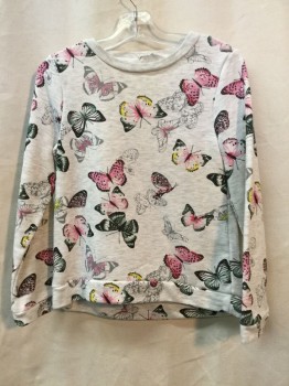 H&M, Heather Gray, Pink, Green, Black, Yellow, Synthetic, Novelty Pattern, Heather Gray, Gray/ Pink/ Green/ Black/ Yellow Butterfly Print, Crew Neck, Long Sleeves,