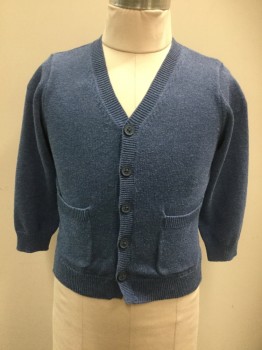 H&M, Blue, Cotton, Solid, V-neck, Cardi, 2 Patch Pocket,  Brown Elbow Patches