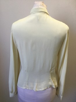 DANA, Cream, Silk, Solid, 3 Fabric Covered Button Front, Keyhole Front, Long Sleeves, Button Cuffs, Scallopped Front Yoke, Peter Pan Collar with Snap Tab Closure, Waist Darts