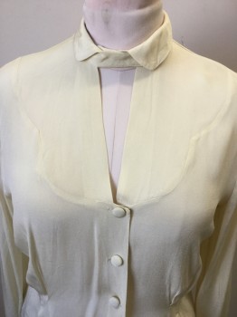 DANA, Cream, Silk, Solid, 3 Fabric Covered Button Front, Keyhole Front, Long Sleeves, Button Cuffs, Scallopped Front Yoke, Peter Pan Collar with Snap Tab Closure, Waist Darts