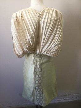 N/L MTO, Charcoal Gray, Cream, Gold, Polyester, Solid, Geometric, Champagne Accordion Pleated Top Half, Sleeveless with Plunging Front, Bottom is Panels of Cream and Gold Pattern, Open Vent at Center Front, Hidden Snap and Hook&Eye Closures, Made To Order