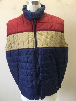 AVALANCHE, Red, Tan Brown, Navy Blue, Nylon, Stripes, Zip Front, Quilted, Collar Attached, Zip Pockets