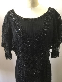 MTO, Black, Beaded, Silk, Solid, Black Lace Netting Body with Black Satin Underlay, Ballet Neck, 1/4 Sleeve Lace Netting with Cap Sleeve Lace Overlay, Criss Cross Beading at Bodice with Lace, Loose Netting Lace Body, ** Starting to Rot**, Beading at Waist,