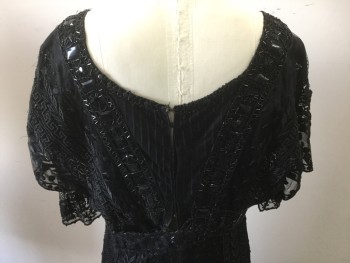 MTO, Black, Beaded, Silk, Solid, Black Lace Netting Body with Black Satin Underlay, Ballet Neck, 1/4 Sleeve Lace Netting with Cap Sleeve Lace Overlay, Criss Cross Beading at Bodice with Lace, Loose Netting Lace Body, ** Starting to Rot**, Beading at Waist,