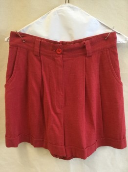 VERA CONDOTTI, Red, Viscose, Linen, Solid, 1-3/4" Waistband with Belt Hoops, 2 Pleat Front, 2 Wedge Pockets Front, Cuff Hem,