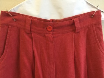 VERA CONDOTTI, Red, Viscose, Linen, Solid, 1-3/4" Waistband with Belt Hoops, 2 Pleat Front, 2 Wedge Pockets Front, Cuff Hem,