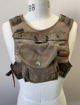 N/L MTO, Brown, Dusty Brown, Leather, Cotton, X Shaped Harness, Panels of Leather and Heavy Duty Canvas, Adjustable Buckle at Side Waist, Canvas Pouch with Snap Closure at Center Front, Aged, Made To Order