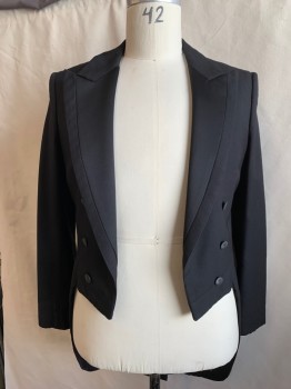 N/L, Black, Wool, Polyester, Solid, Double Breasted, Twill, Peaked Lapel, Satin Panel On Lapel, Plastic Buttons, Made To Order,