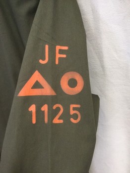 N/L, Dk Green, Poly/Cotton, Solid, Flight Suit, Zip Front, Collar Attached, Long Sleeves, 6+ Pockets, Zip Slit Sleeves, Tab Snaps at Waist, Zip Slit Legs, Orange Painted Numbers/Logo on Right Sleeve