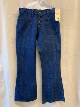 THE GUYS, Denim Blue, Cotton, Solid, Medium Blue Unfaded Denim, Bell Bottom, High Waist, Exposed Button Fly, 4 Large Patch Pockets (2 in Front/2 in Back),