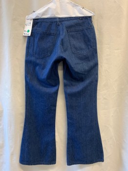 THE GUYS, Denim Blue, Cotton, Solid, Medium Blue Unfaded Denim, Bell Bottom, High Waist, Exposed Button Fly, 4 Large Patch Pockets (2 in Front/2 in Back),