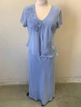 POSITIVE ATTITUDE, Lavender Purple, Polyester, Beaded, Solid, Crepe Texture Chiffon, Short Sleeves, Floral Appliques with Pearl Beads at Shoulder and Hip, Attached "Overlayer" Open at Center Front, V-neck, Ankle Length, Padded Shoulders, Mother of the Bride, Mature Fashion
