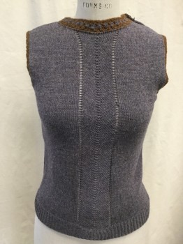 N/L, Purple, Brown, Wool, Heathered, Heather Purple Sleeveless Pullover, Ribbed Knit Waistband Dips Down at Center Front, Brown/Purple Neck, Brown Armholes, Button and Snap Shoulder Closure, Doubles,