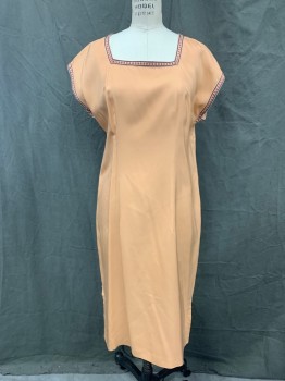 MTO, Apricot Orange, Poly/Cotton, Solid, Square Scoop Neck, White Embroidered Ribbon Trim with Brown Stripes and Burnt Orange Dots, Side Seam Slits