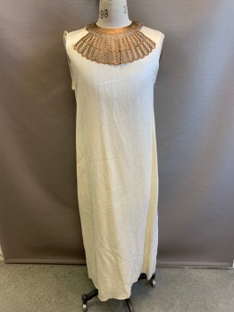 MTO, Cream, Bronze Metallic, Silk, Leather, Solid, Geometric, Unfinished Sleeveless, Straight, Round Neck,  with Laser Cut Leather Collar Partially attached