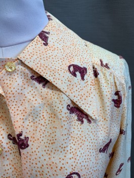 NL, Peach Orange, Violet Purple, Polyester, Animals, Dots, Button Front, Collar Attached, Prints of Purple Leopard, Orange Dots
