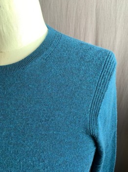 JOHN VARVATOS, Teal Blue, Cashmere, Heathered, Ribbed Knit Crew Neck, Ribbed Shoulder Panels, Long Sleeves, Ribbed Knit Waistband/Cuff, Self Ribbed Knit Elbow Patches