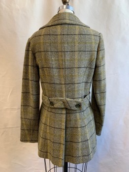 N/L, Dk Olive Grn, Tan Brown, Black, Olive Green, Wool, Grid , Twill Dark Olive and Tan with Black and Olive Grid Overlay, Double Breasted, Collar Attached, Notched Lapel, 2 Pockets, Long Sleeves, Back Attached Buttonned Waist Belt