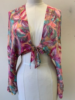 NO LABEL, Pink, Orange, Magenta Pink, Turquoise Blue, Purple, Polyester, Abstract , Cover Up Jacket, L/S, Front Tie
