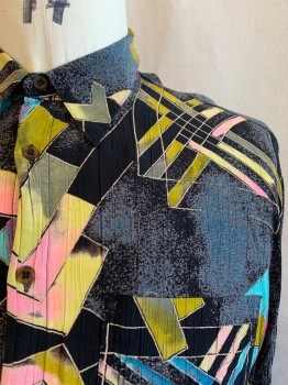 YAMAMURI, Black, Gray, Pink, Lt Blue, Yellow, Rayon, Geometric, Abstract , Collar Attached, Button Front, Long Sleeves, 1 Pocket, Early 1980s- Late 1990s