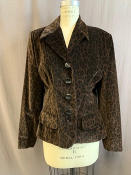 N/L, Brown, Black, Cotton, Animal Print, Velvet, Leopard, Single Breasted, Pointy Collar Attached, Notched Lapel, 2 Flap Pockets
