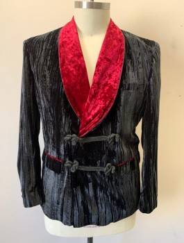 THREAD & STITCH , Black, Cranberry Red, Cotton, Polyester, Solid, Textured Velvet, Contrasting Cranberry Crushed Velvet Shawl Lapel, Double Breasted with Frog Closures, 2 Pockets