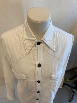 LOTHARS, White, Cotton, Solid, L/S, Pointed Collar, Button Front, 2 Patch Pockets, Western Yoke, Brown Stitching,