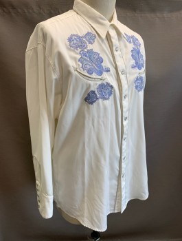 ROPER, White, Periwinkle Blue, Blue, Polyester, Rayon, Paisley/Swirls, Retro, Twill with Large Embroidered Details at Chest and Back, L/S, Snap Front, Collar Attached, Snaps are Hexagonal Shape, 2 Curved Welt Pockets at Chest, Gray Piping
