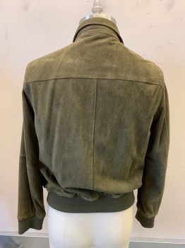 BROOKS BROTHERS, Olive Green, Suede, Solid, Snap & Zip Front, 2 Pockets, Rib Knit Cuffs & Waistband