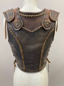NO LABEL, Brown, Leather, Metallic/Metal, Aged Leather, U Neck, Bronze Metal Studs And Plates, Side Grommets For Lacing, Stitching Detail, Made To Order